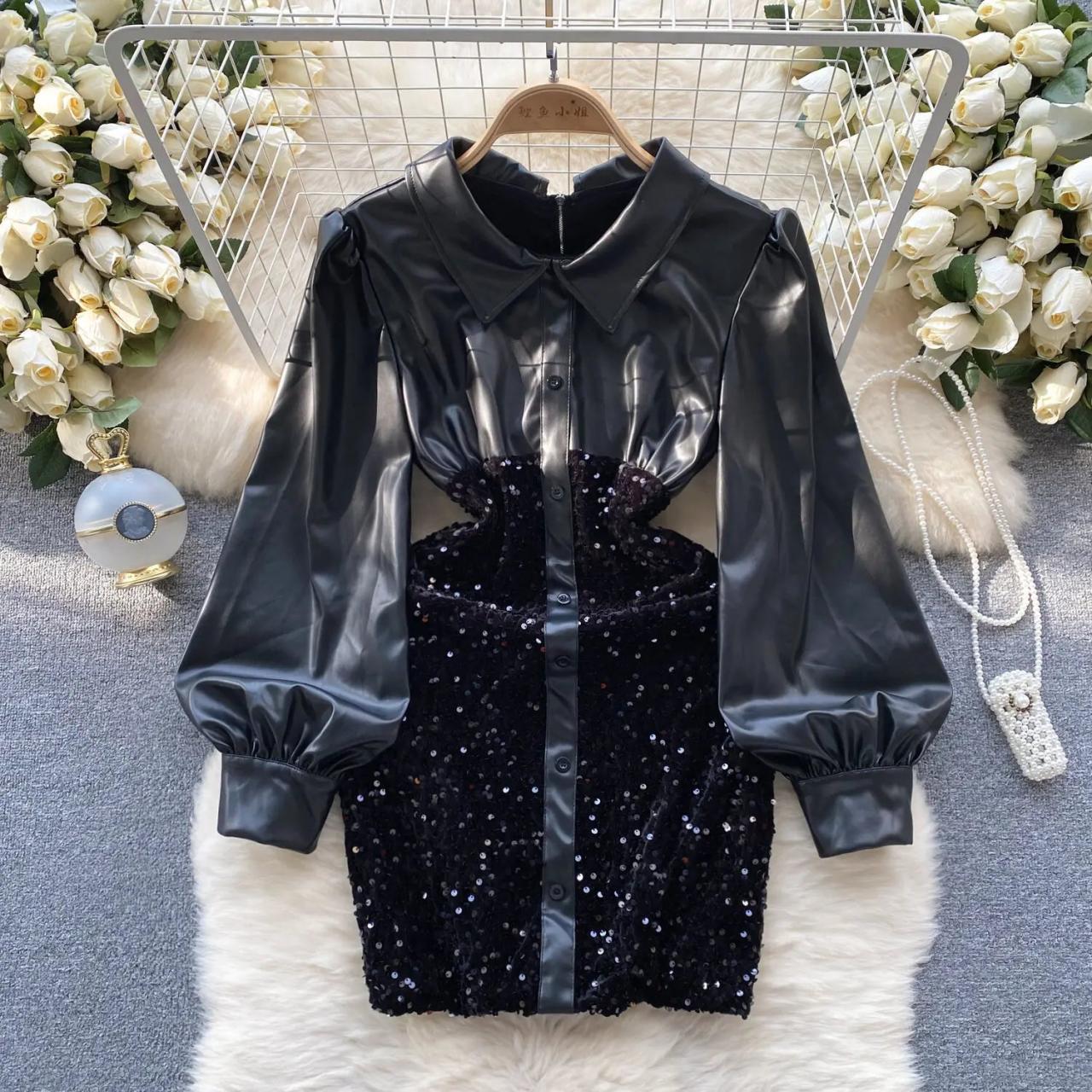 black leather dress puff sleeves The Solene Modest Faux Leather Dress