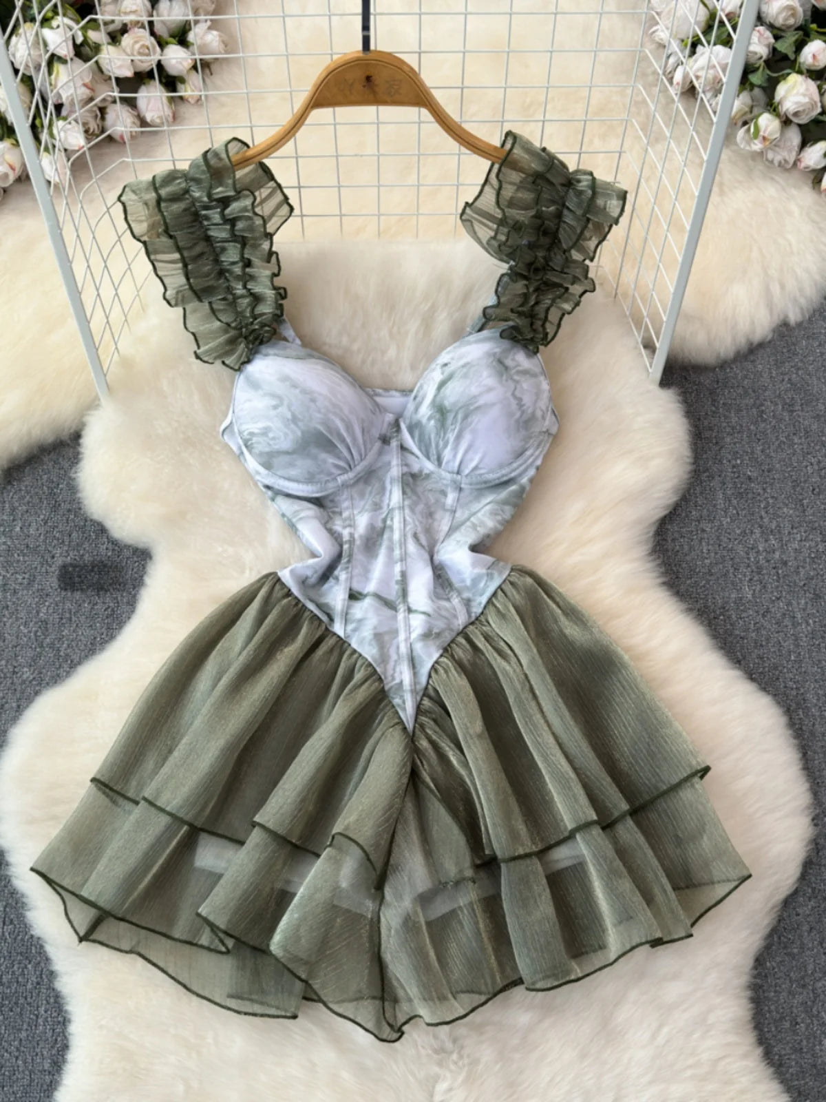 Elegant Ruffled Two-tone Mini Dress For Women on Luulla 