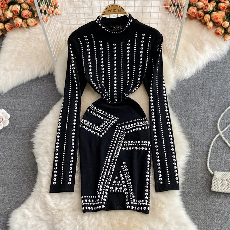 Elegant Black Studded Long Sleeve Bodycon Dress