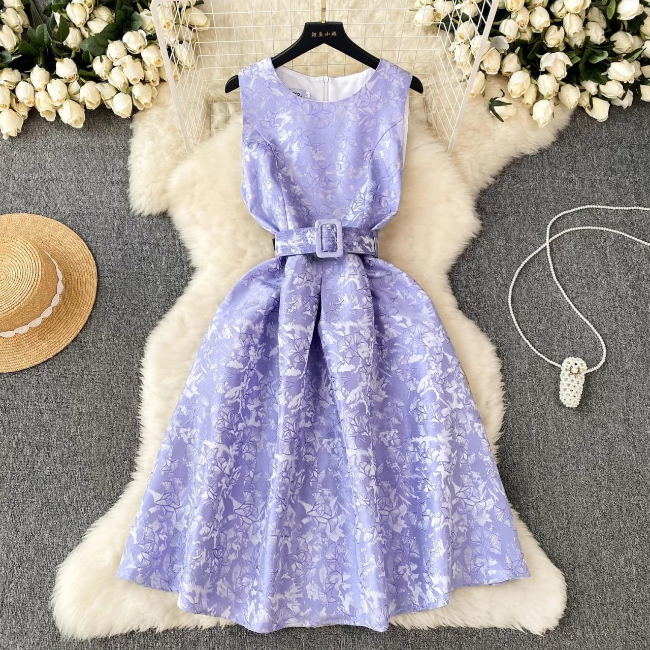 sleeveless belted a line dress Blue Sleeveless Belted A-Line Midi Dress main image 1