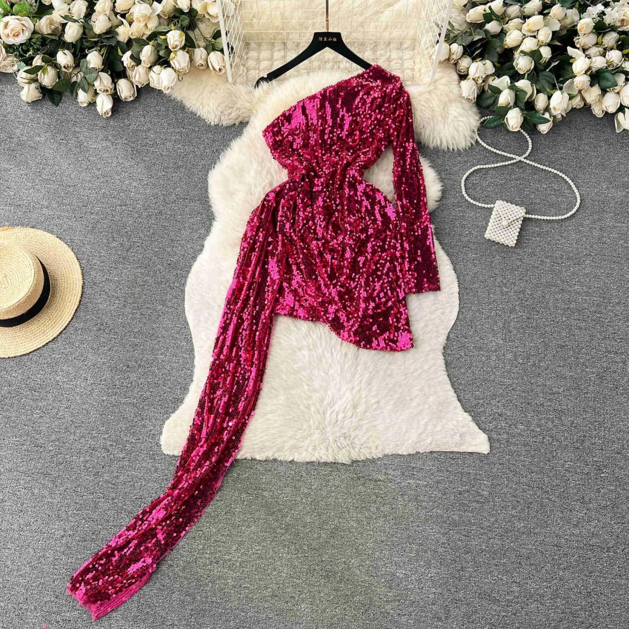 Elegant One-shoulder Pink Sequin Evening Dress on Luulla