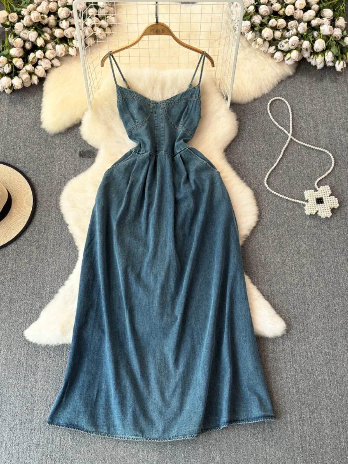 white christmas dresses Talissa A-Line Maxi Denim Dress Blue