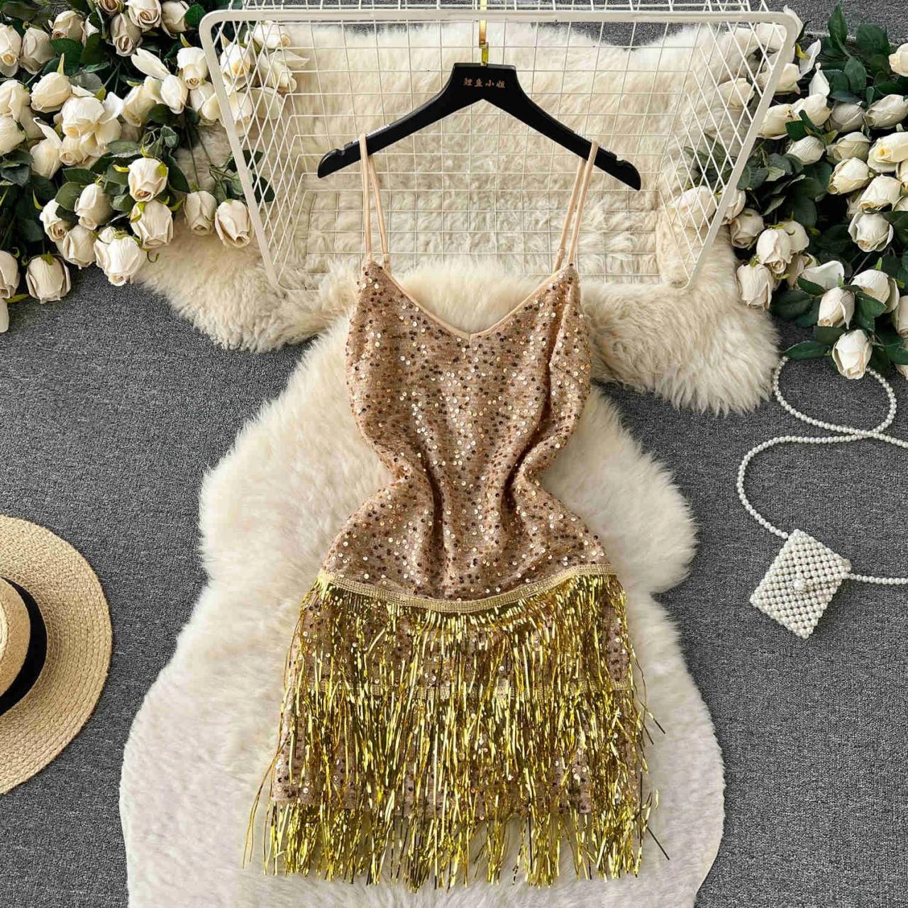 Gold fringe cocktail dress store