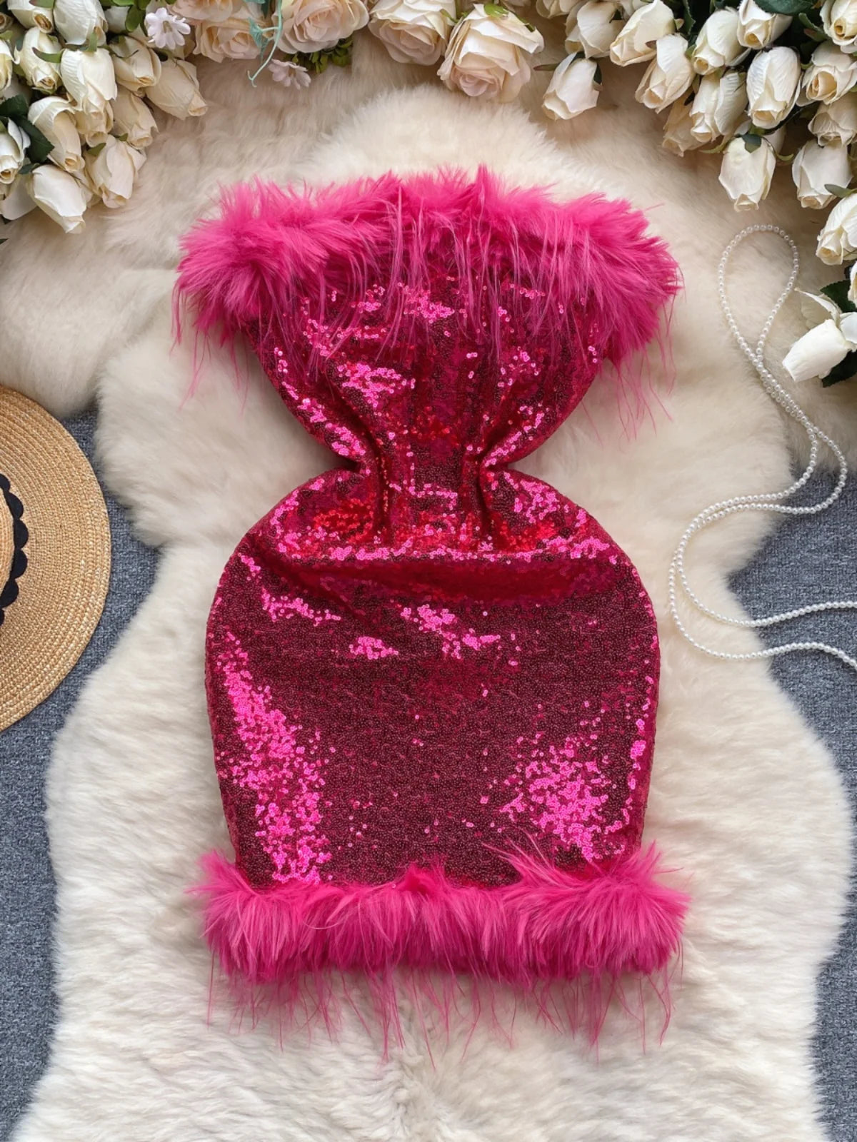 Pink Sequin Strapless Dress With Fur Trim