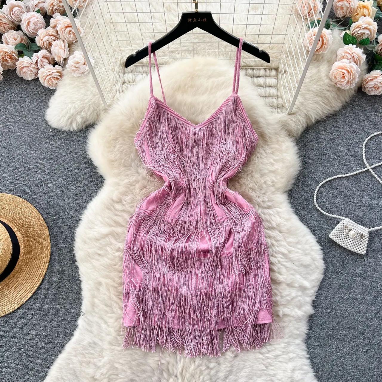 Elegant Pink Fringe Spaghetti Strap Party Dress on Luulla