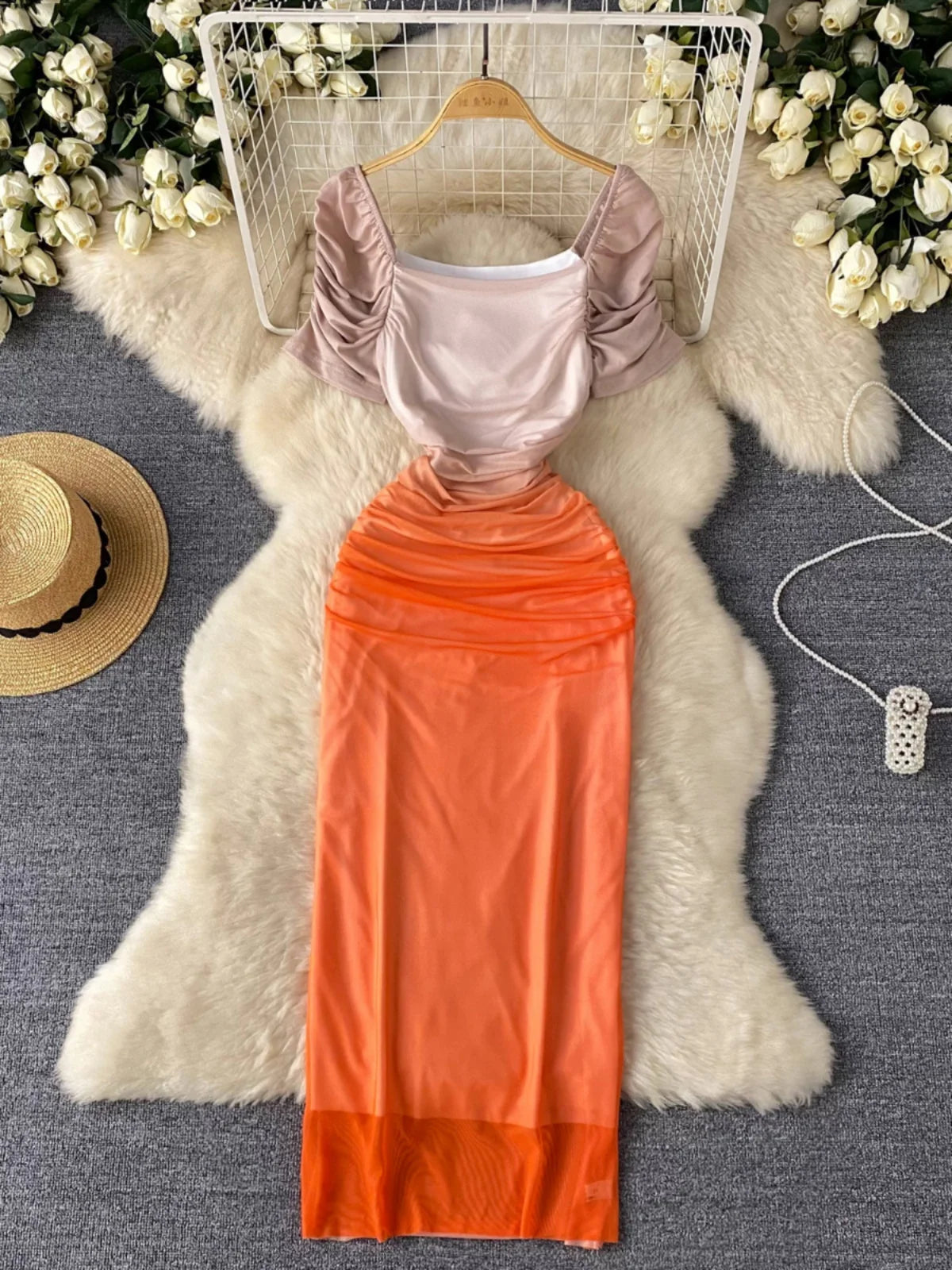 Elegant Two-tone Satin Dress With Ruffled Sleeves on Luulla 