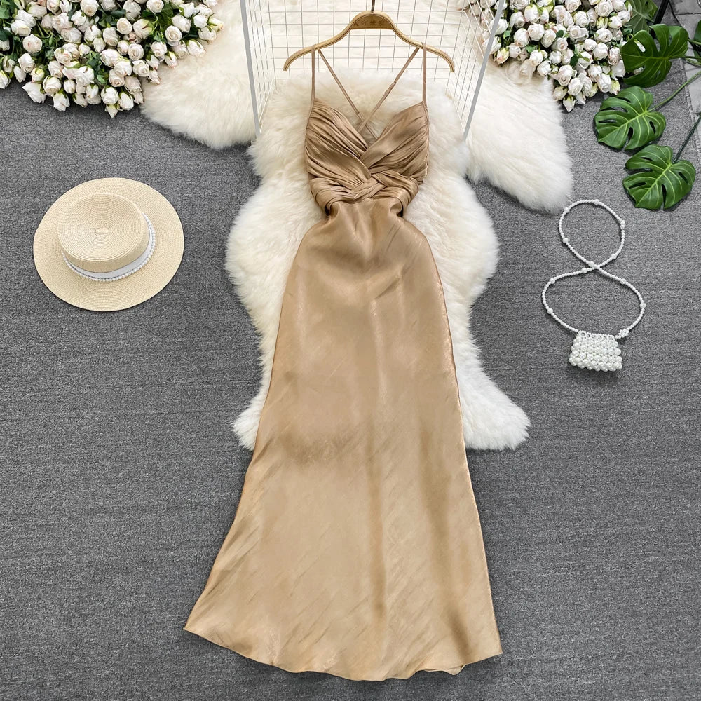 white christmas dresses Eleanor Champagne Satin Midi Dress