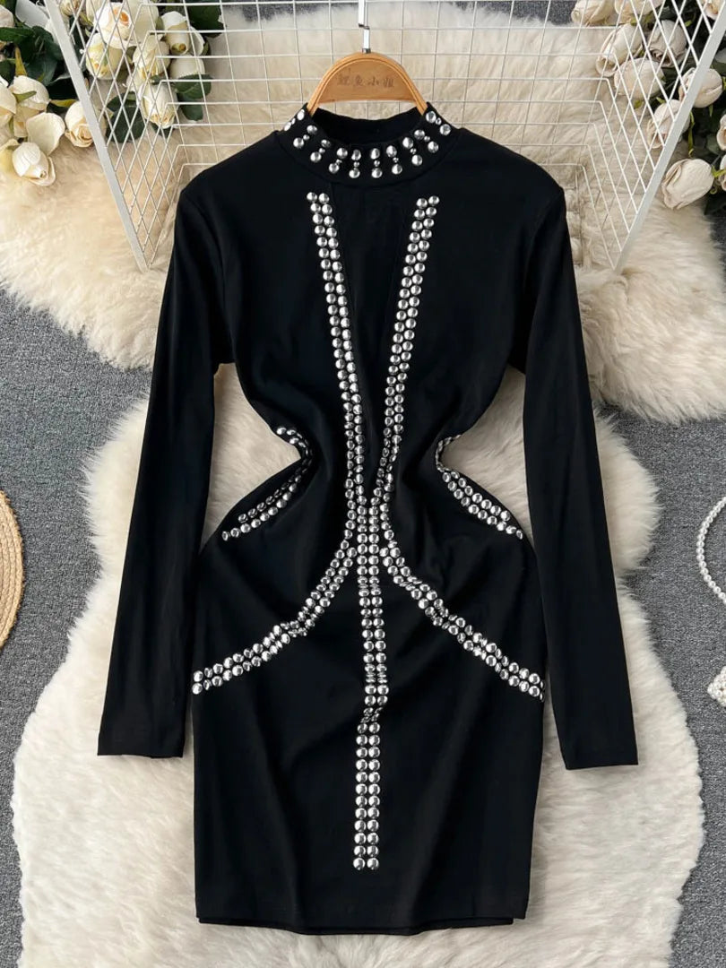 Black Studded Bodycon Dress With Gold Accents E on Luulla