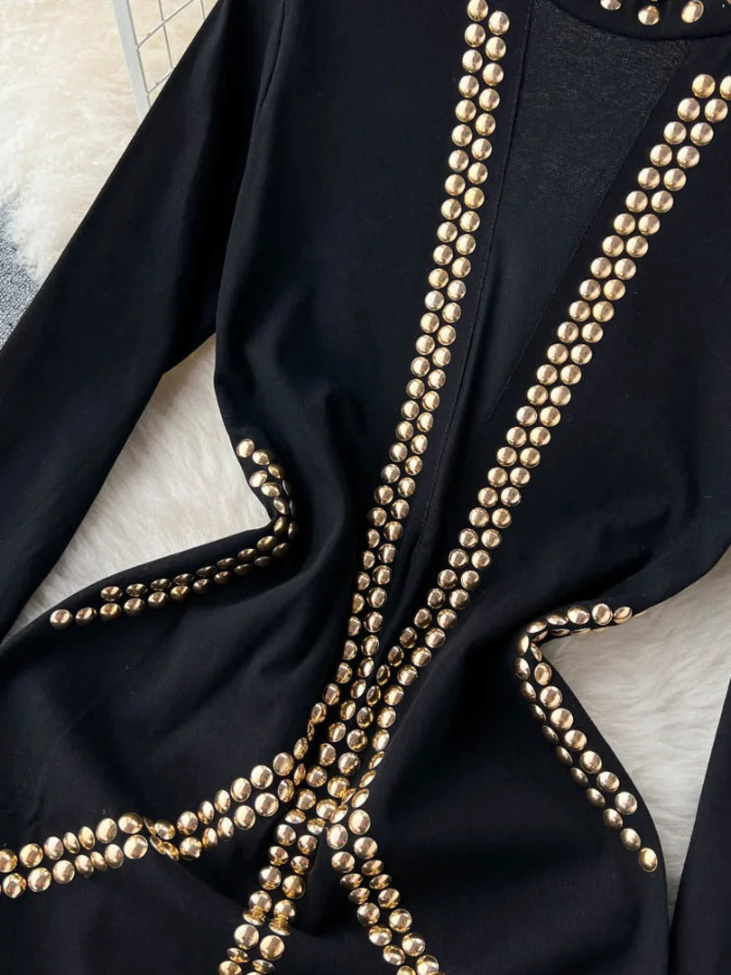 black bodycon dress with gold studs Signature Cashmere Turtleneck Dress with Slits – NAADAM main image 1