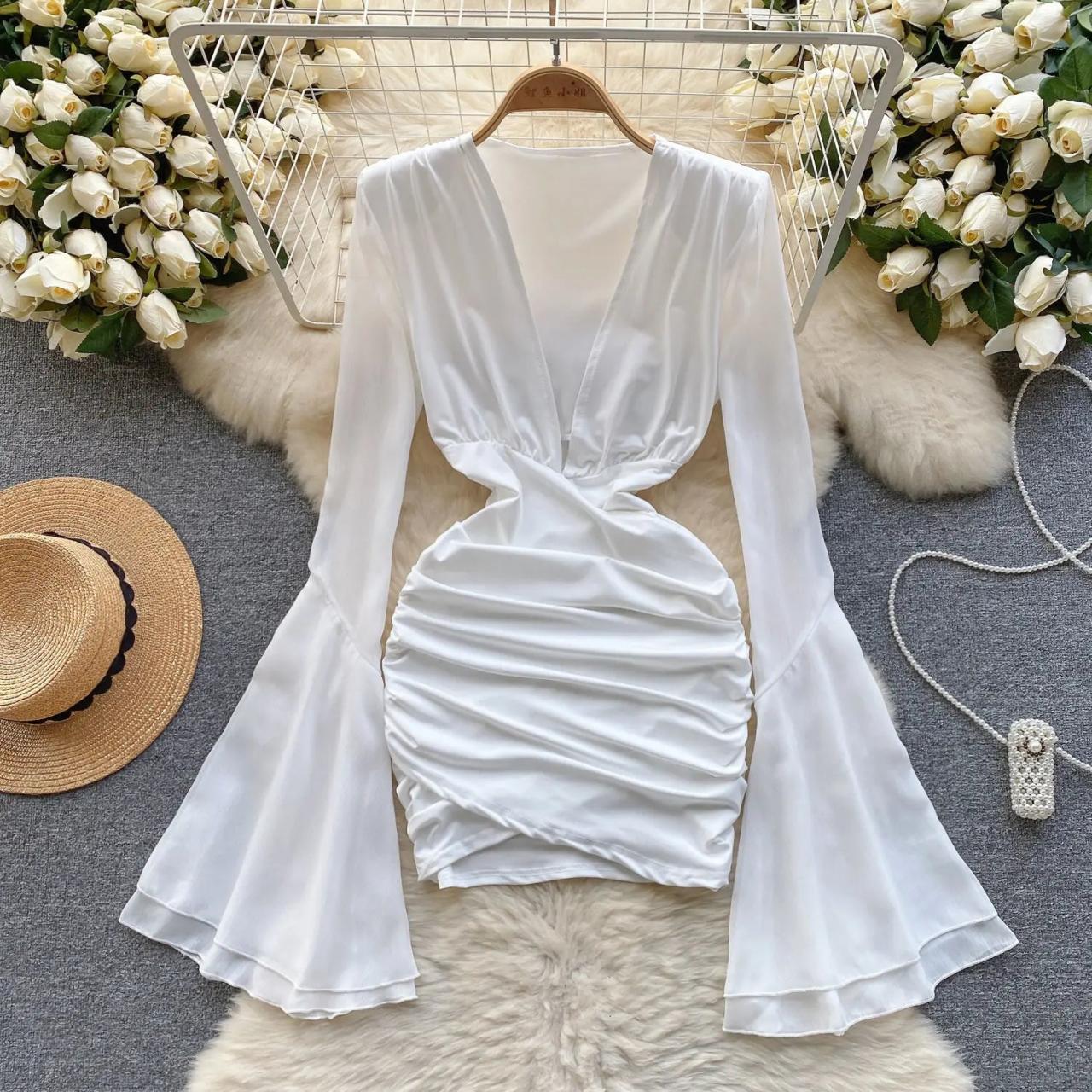 Elegant White Long Sleeve Ruched Party Dress