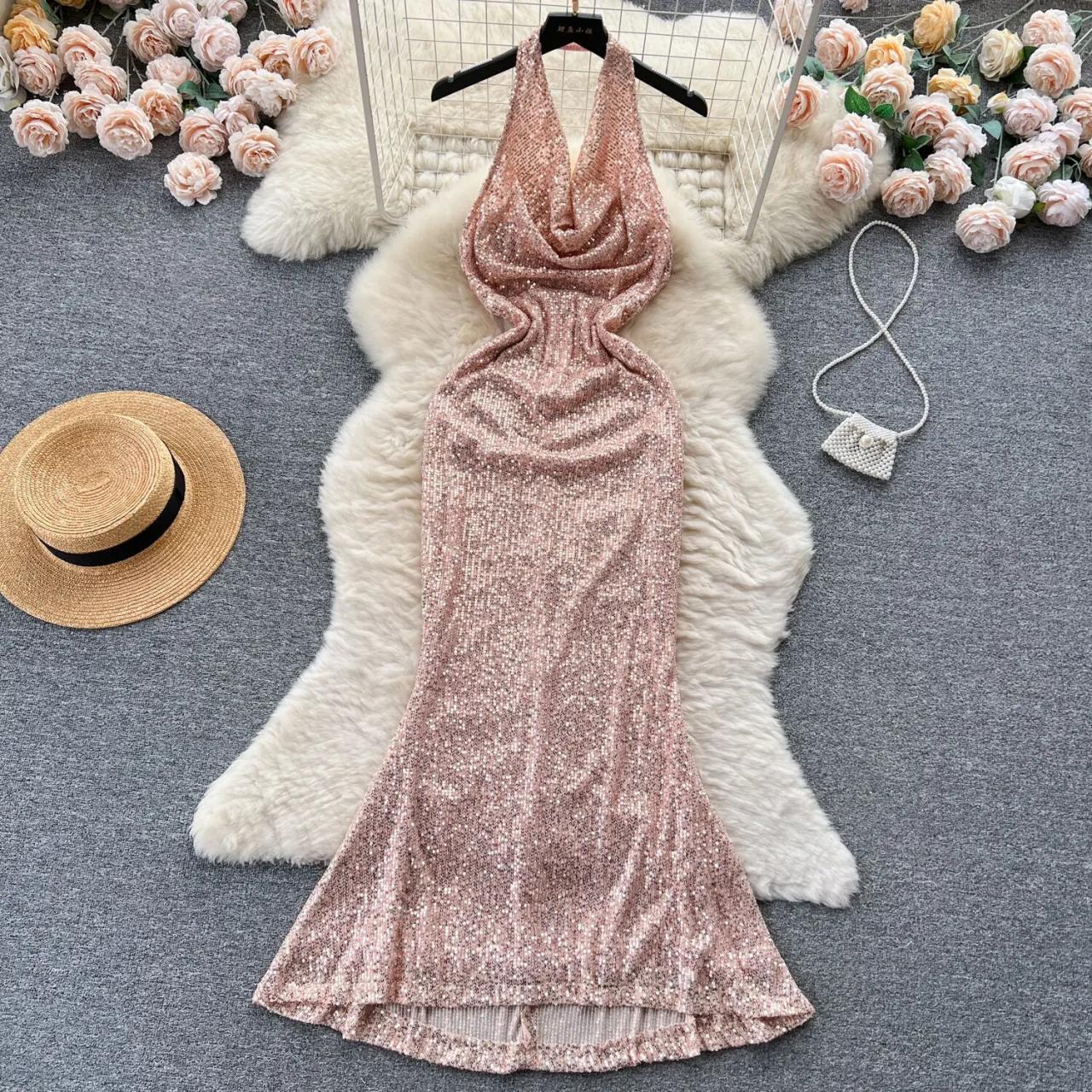 Elegant Rose Gold Sequined Halter Evening Gown on Luulla