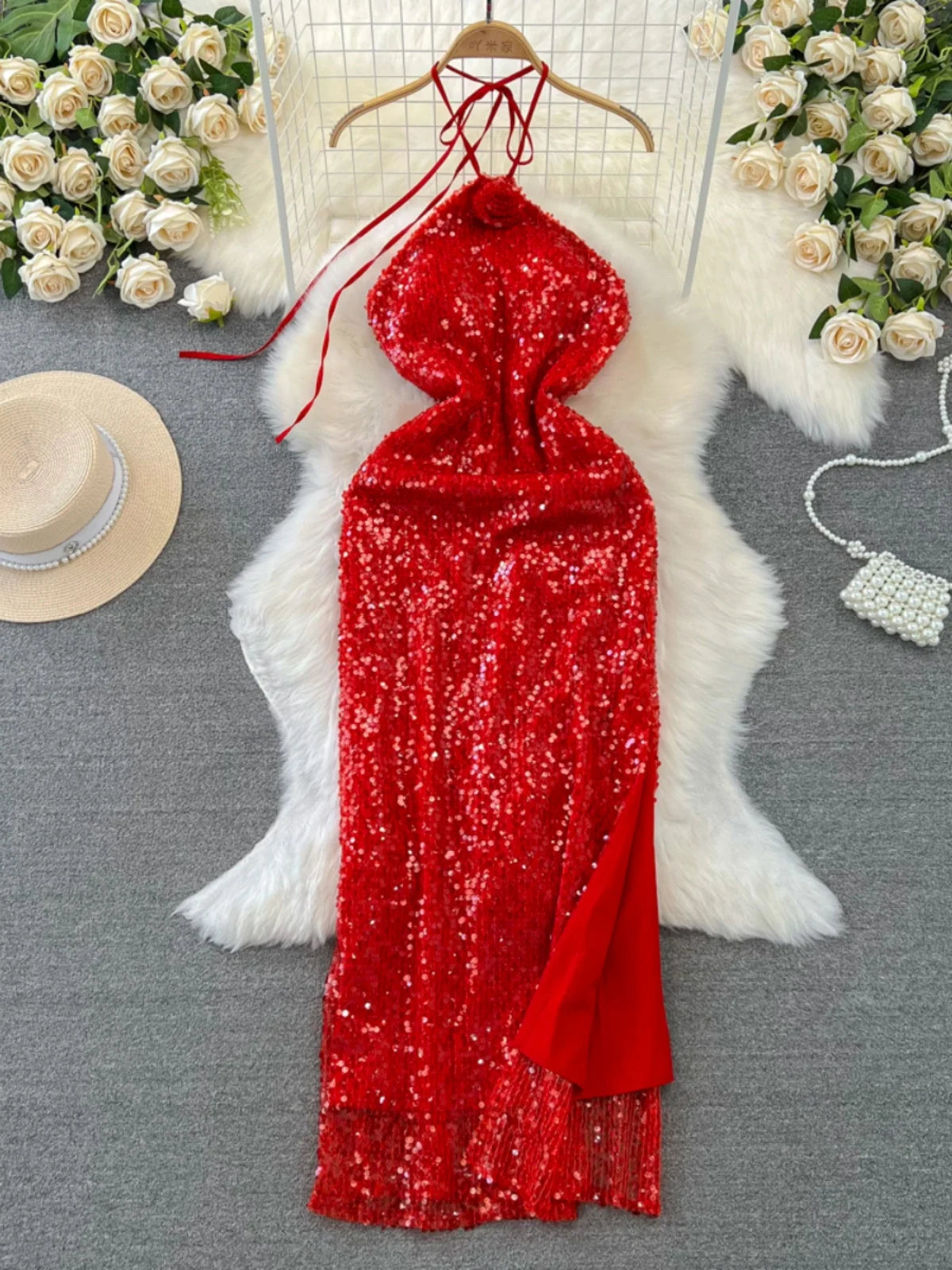 Sparkling Red Sequin Halter Neck Evening Dress