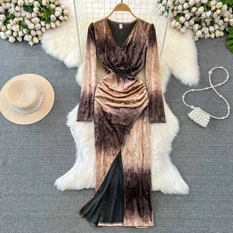 Knee Length Yellow Velvet Long Sleeve Dress Elegant Velvet Long Sleeve  Ombre Wrap Dress