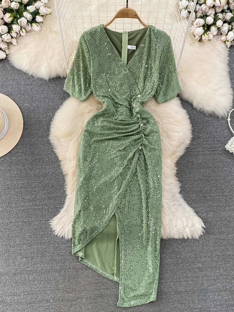 Elegant Olive Green Sparkle Wrap Maxi Dress on Luulla