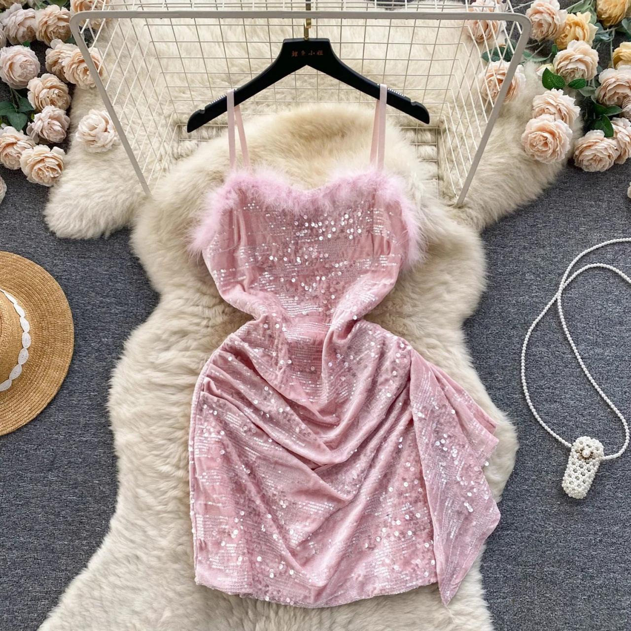 Elegant Pink Sequin Faux Fur Party Dress on Luulla