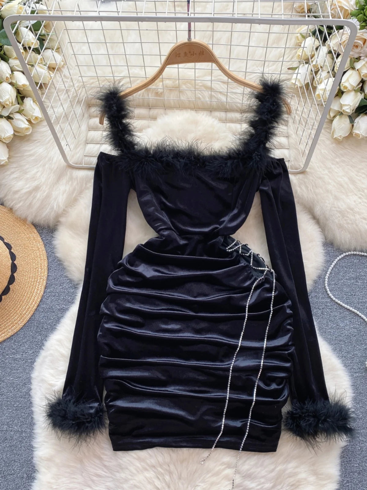 knee length dresses for ladies Compulsion Plunge Velvet Mini Dress Black
