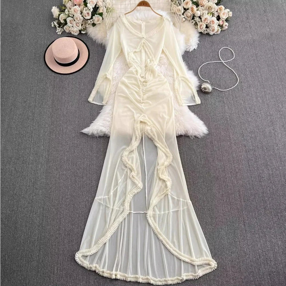 knee length dresses for ladies White Sheer Mesh Bikini Dress Set main image 0