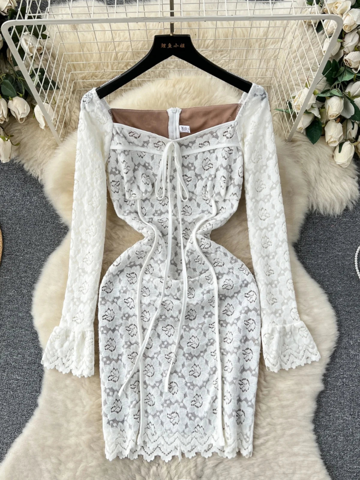 Elegant White Lace Long Sleeve Bodycon Dress on Luulla