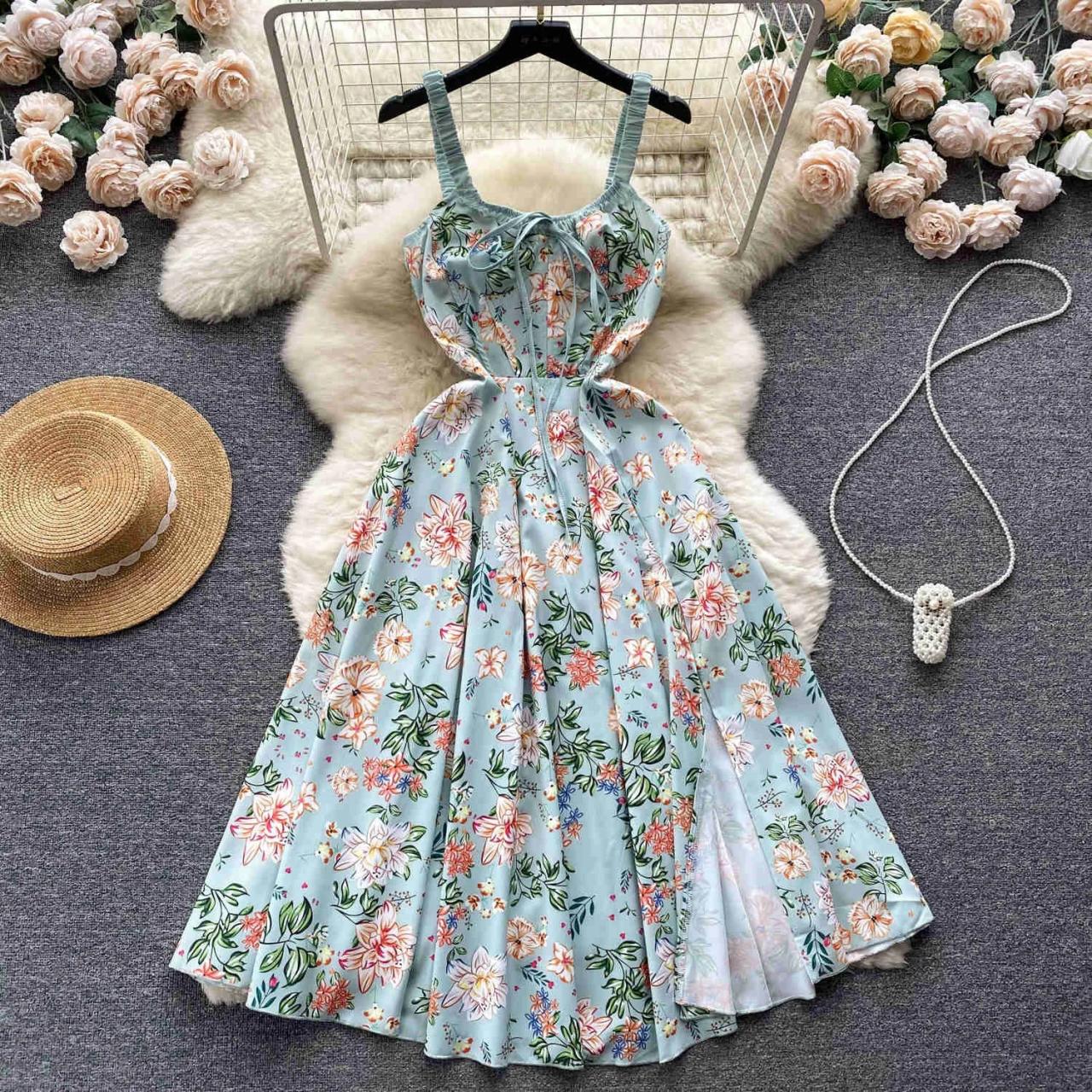 Floral Print Sleeveless Summer Dress With Belt E on Luulla