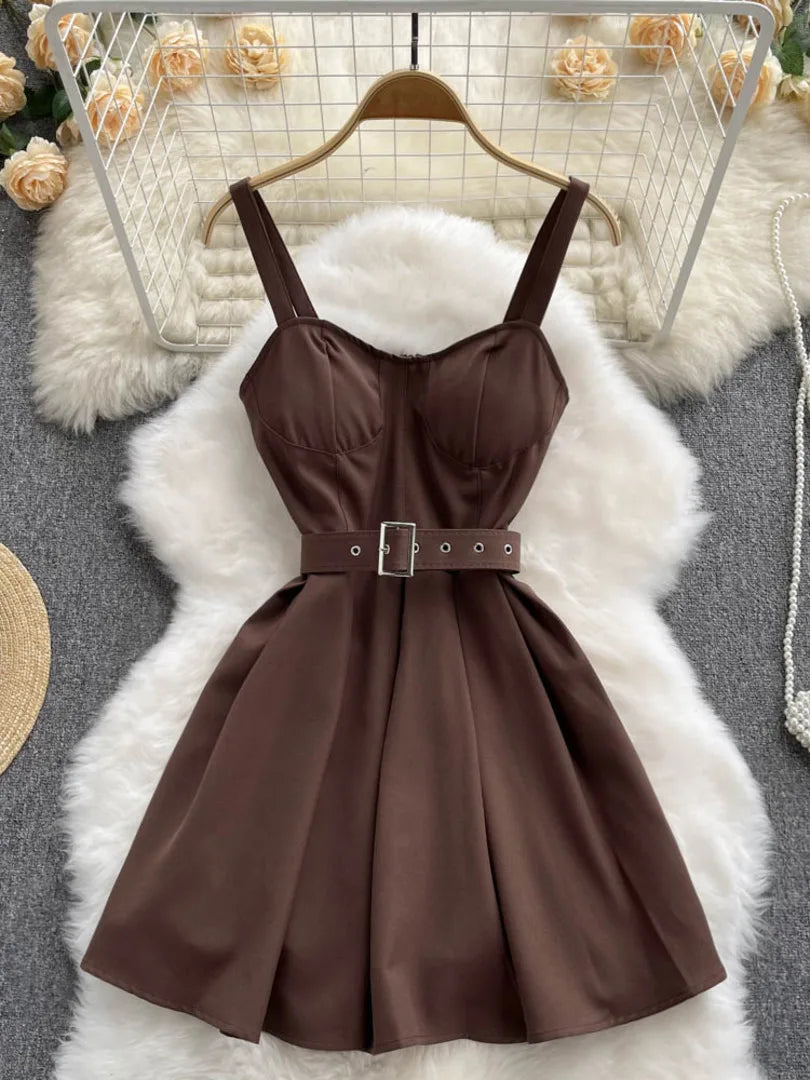 sleeveless belted a line dress Casual Halter Neck A-Line Dress Sleeveless Belted Swing Pleated Cocktail Party Beach Mini Dresses, Wine Red / S main image 1