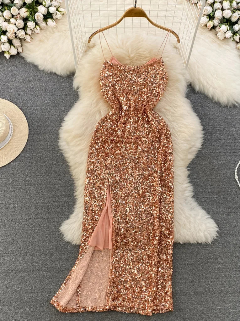 Elegant Rose Gold Sequin Evening Gown Dress