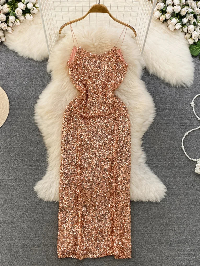 Elegant Rose Gold Sequin Evening Gown Dress on Luulla