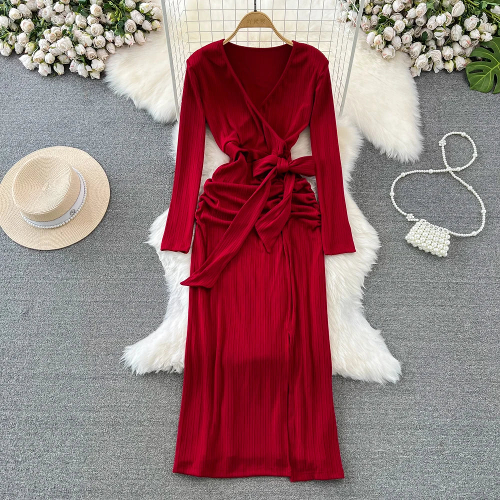 red silk wrap dress long sleeve Red Silk Blend Mini Wrap Dress, Long Sleeve Occasion Dress