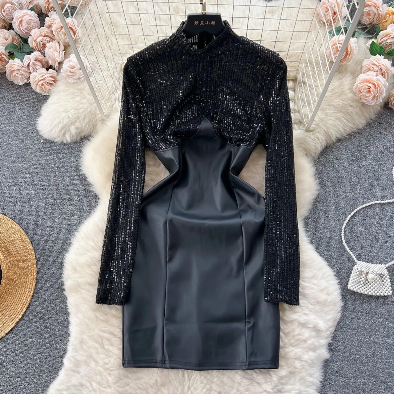 fitted lace wedding dress Plus V Neck Lantern Sleeve Sequin Bodycon Dress Champagne / 5XL main image 0