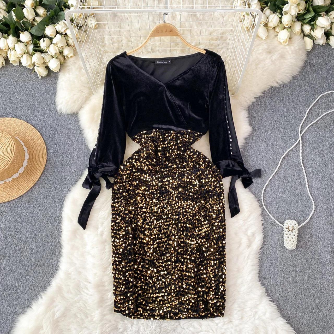 Black Velvet Dress With Sequin Embellished Skirt on Luulla