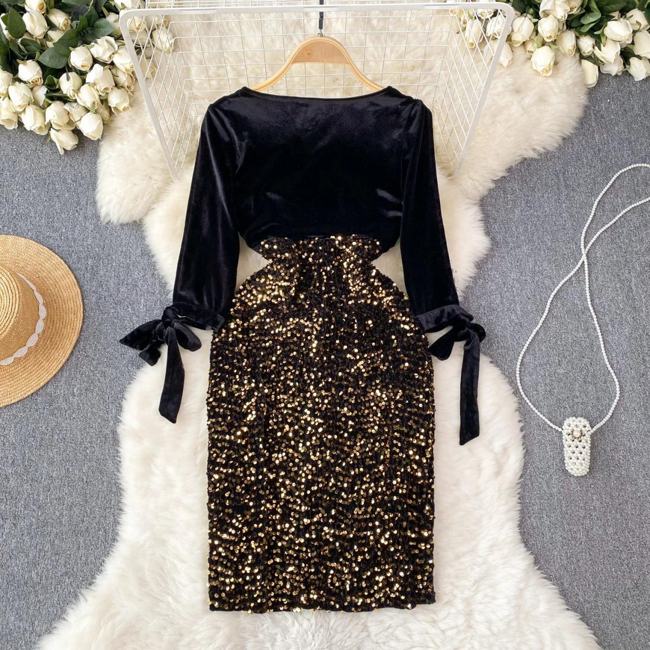 Black Velvet Dress With Sequin Embellished Skirt on Luulla
