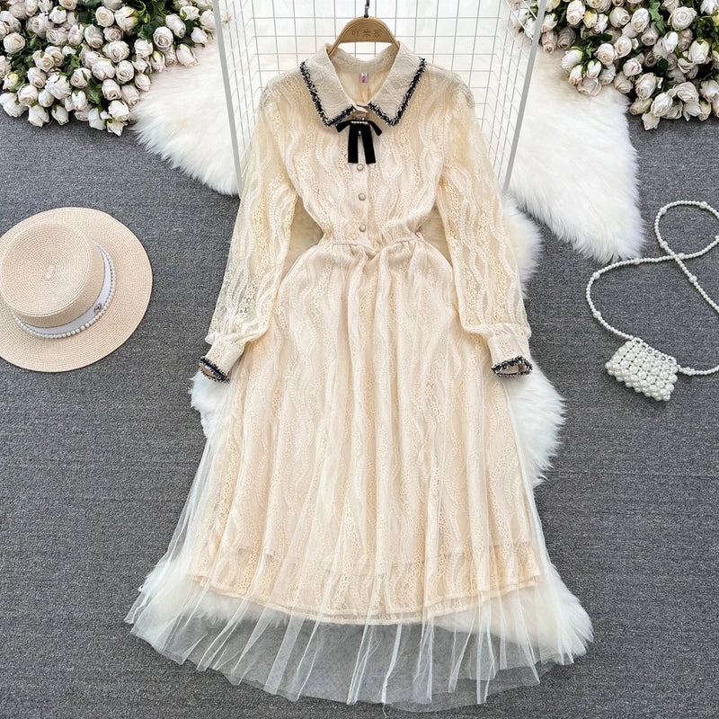 Elegant Lace Dress With Black Bow Accent