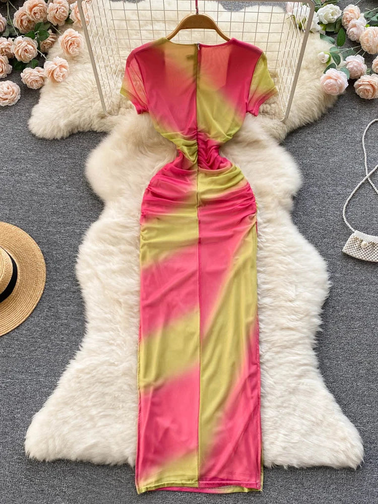 tie dye bodycon maxi dress Chic YC Women's Ribbed Tie Dye Bodycon Maxi Dress Square Neck Long Sleeve Casual Evening Dress Orange / S