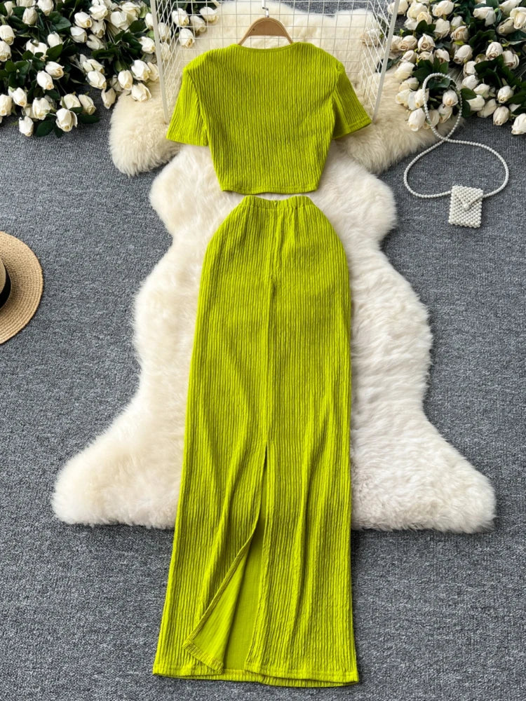 green emerald velvet dress Ddmine Lime Green Two Piece Set Small main image 0