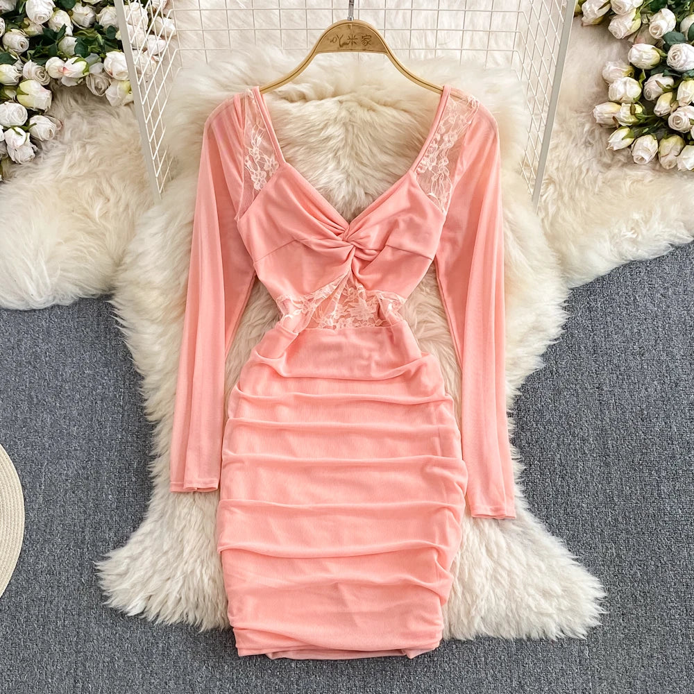 long sleeve pink ruched dress Long Sleeve Crystal Ruched Dress Pink