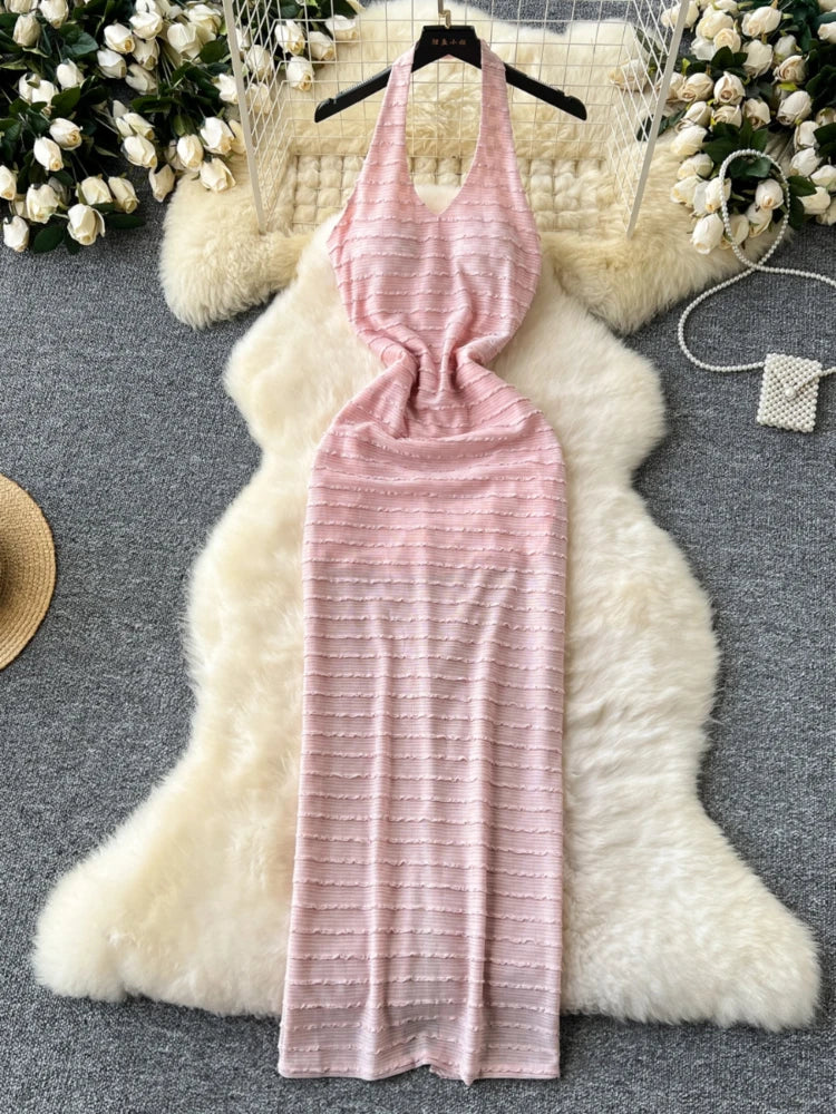 Elegant Halter Neck Backless Pink Maxi Dress on Luulla