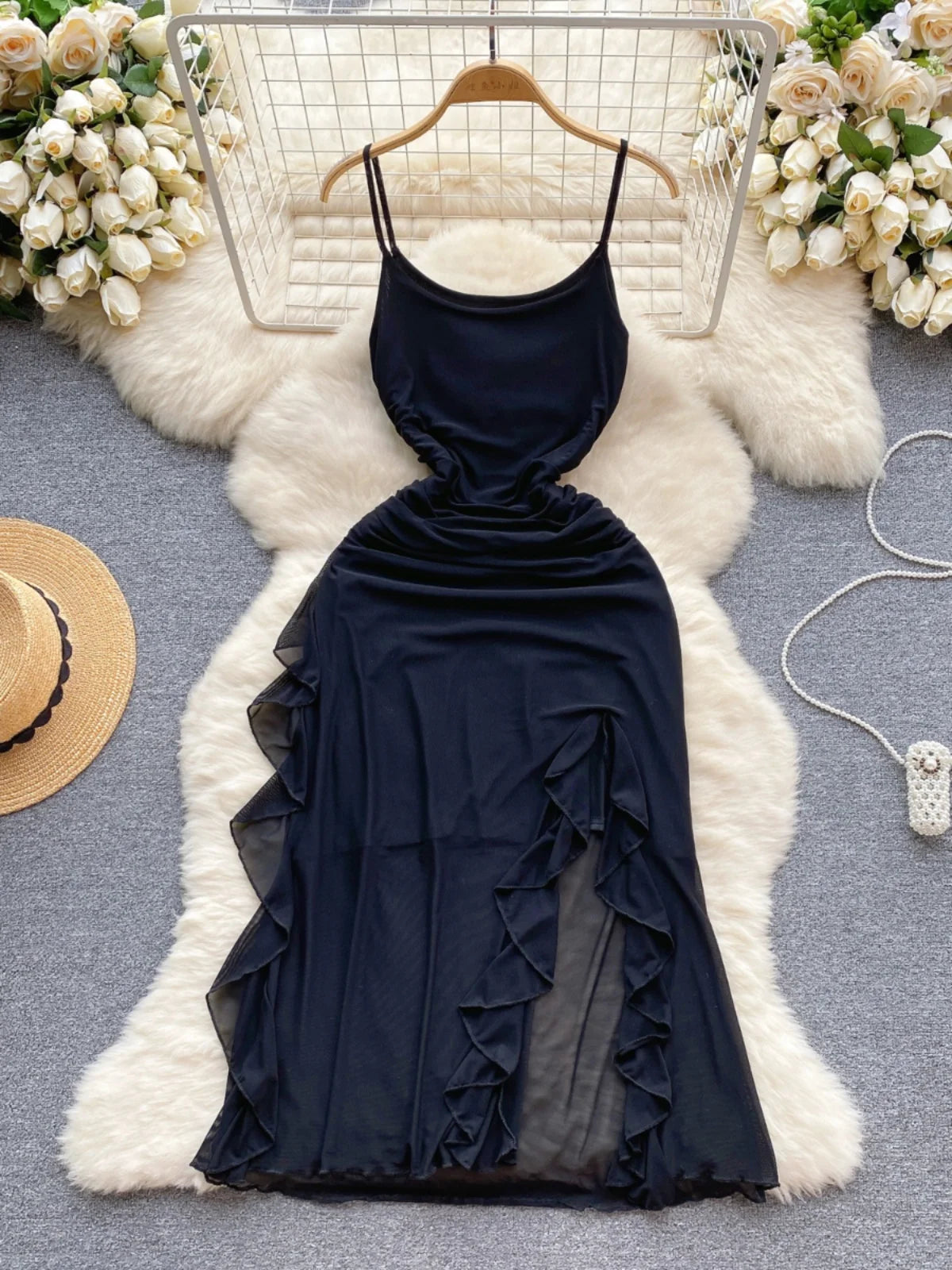 blue dress for baby girl Asymmetrical Spaghetti Straps Black Wedding Guest Dress with Ruffle Si main image 1