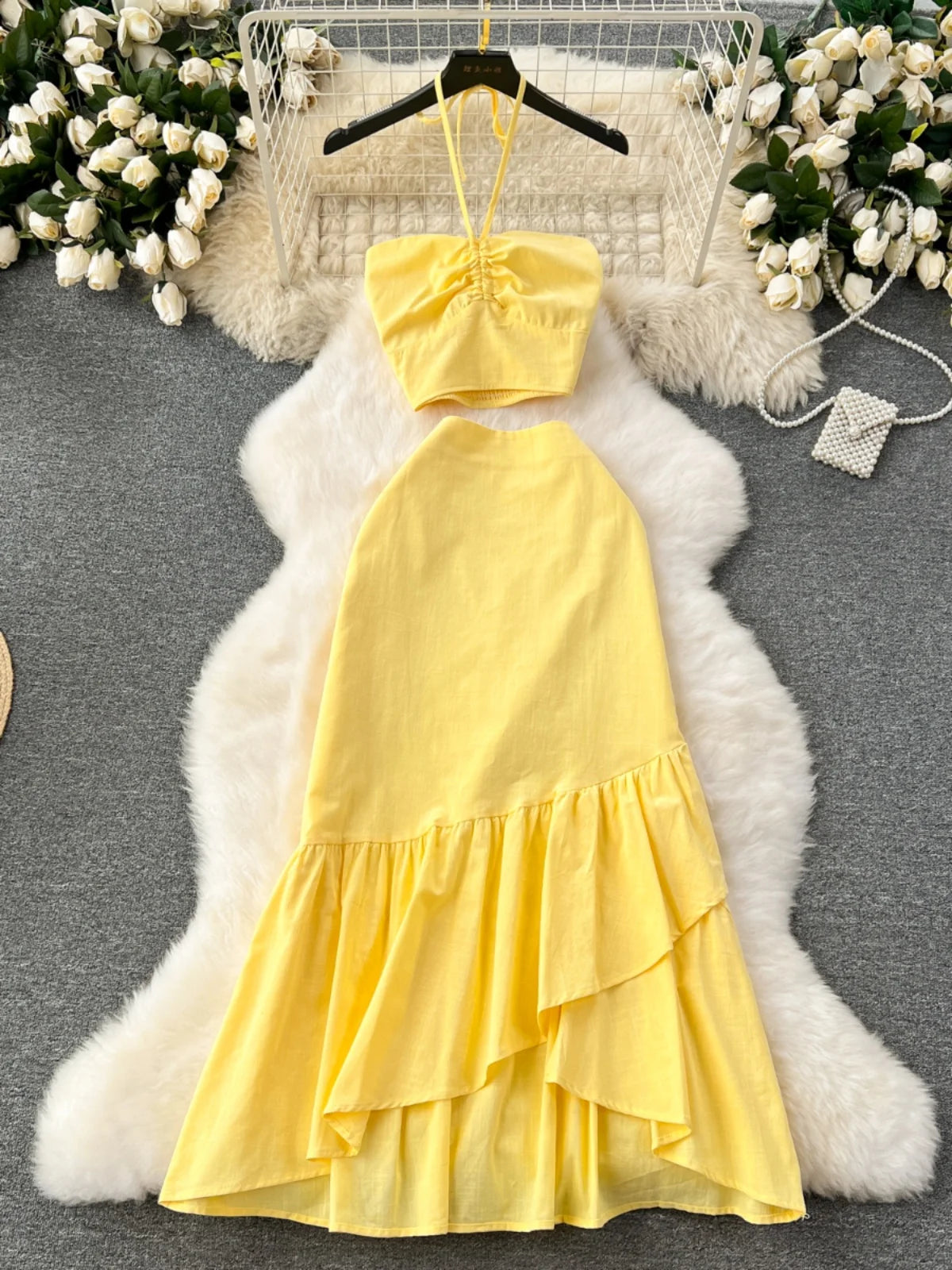 Summer Yellow Halter Two-piece Ruffle Dress