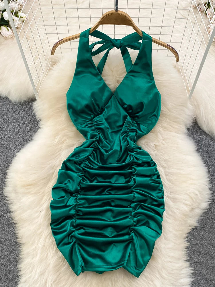 Emerald Green Satin Ruched Halter Mini Dress on Luulla