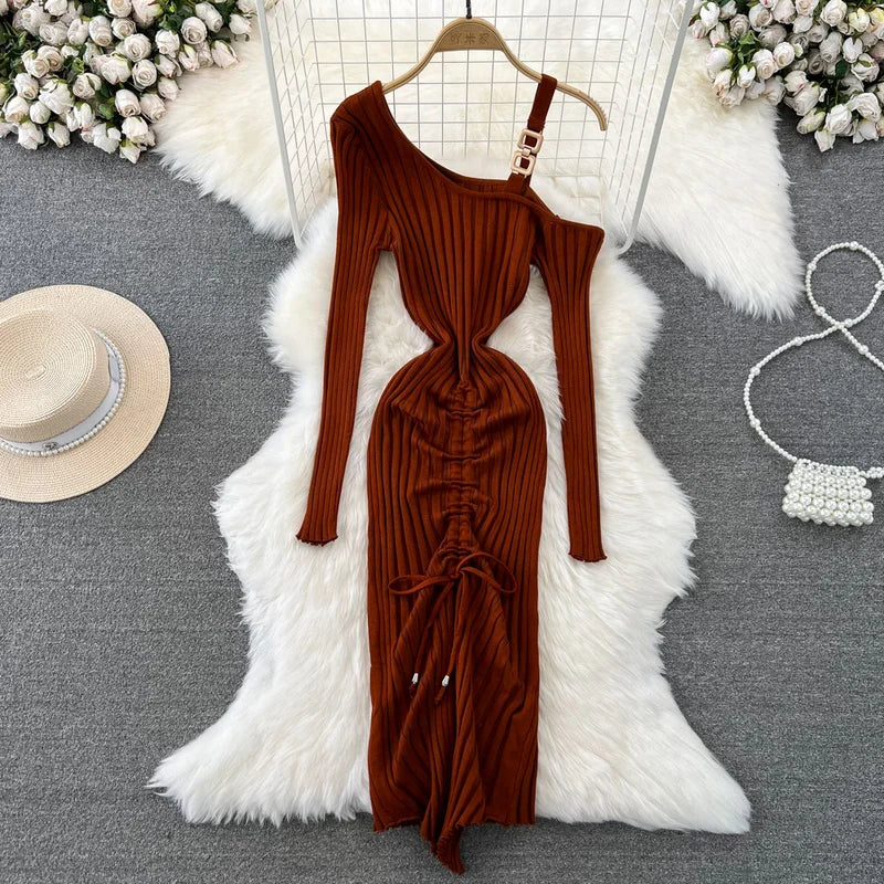 Red Asymmetrical Long Sleeve Ruched Bodycon Dress on Luulla