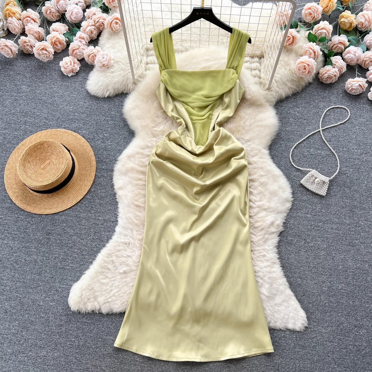 slim fit dress slacks Social Affair Draped Satin Midi Dress Gold main image 1