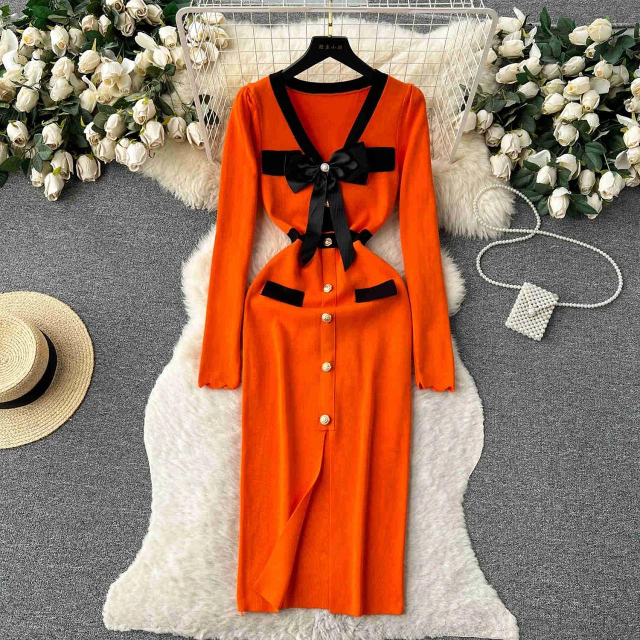 Elegant Orange Knitted Cardigan Dress With Bow