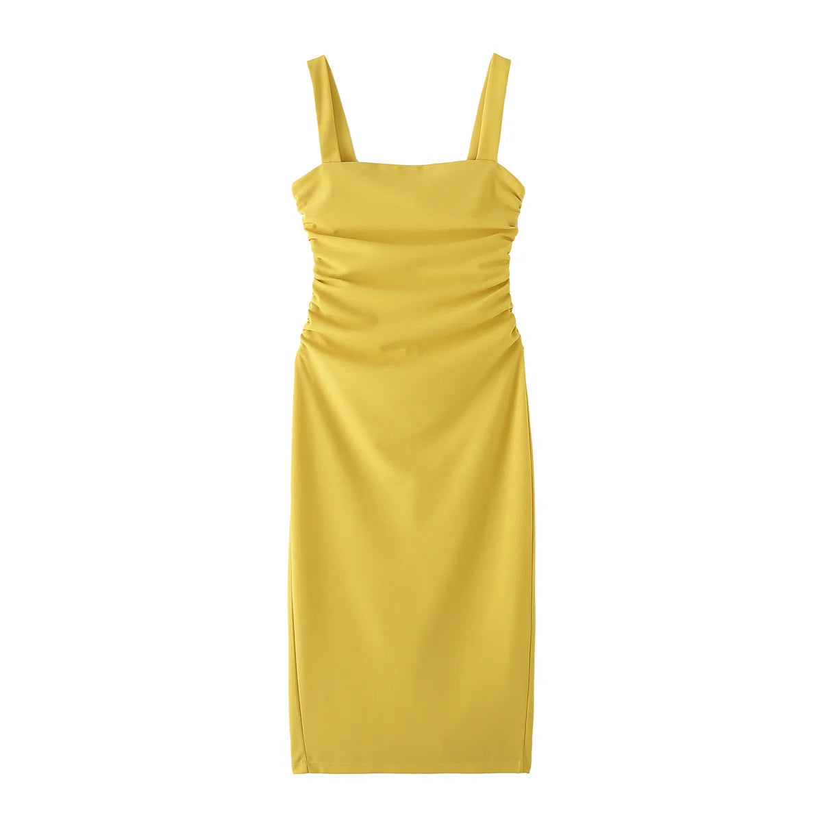 yellow ruched midi dress Ruched Voile Midi Dress (Butter Yellow)