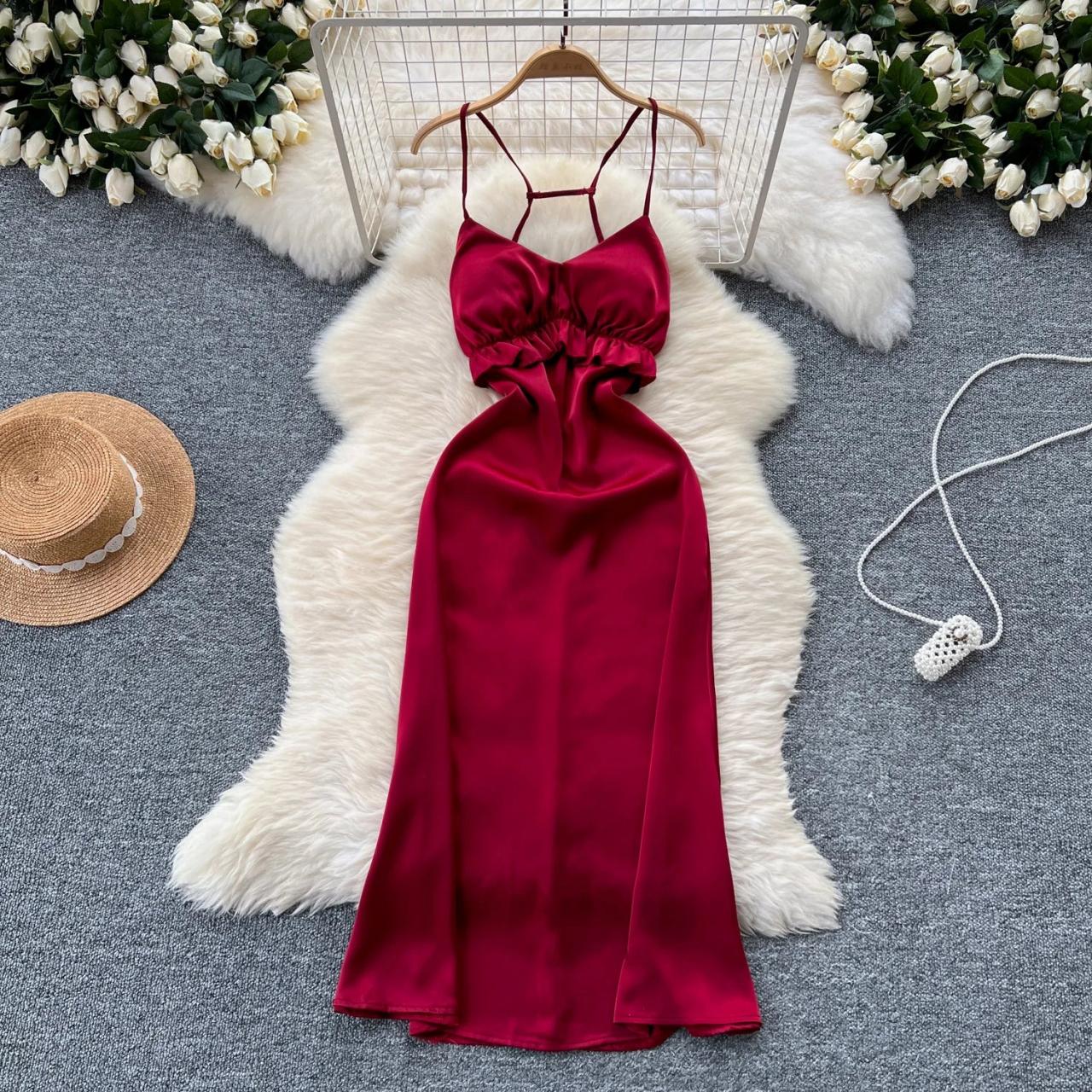 Elegant Burgundy Satin Spaghetti Strap Long Dress on Luulla