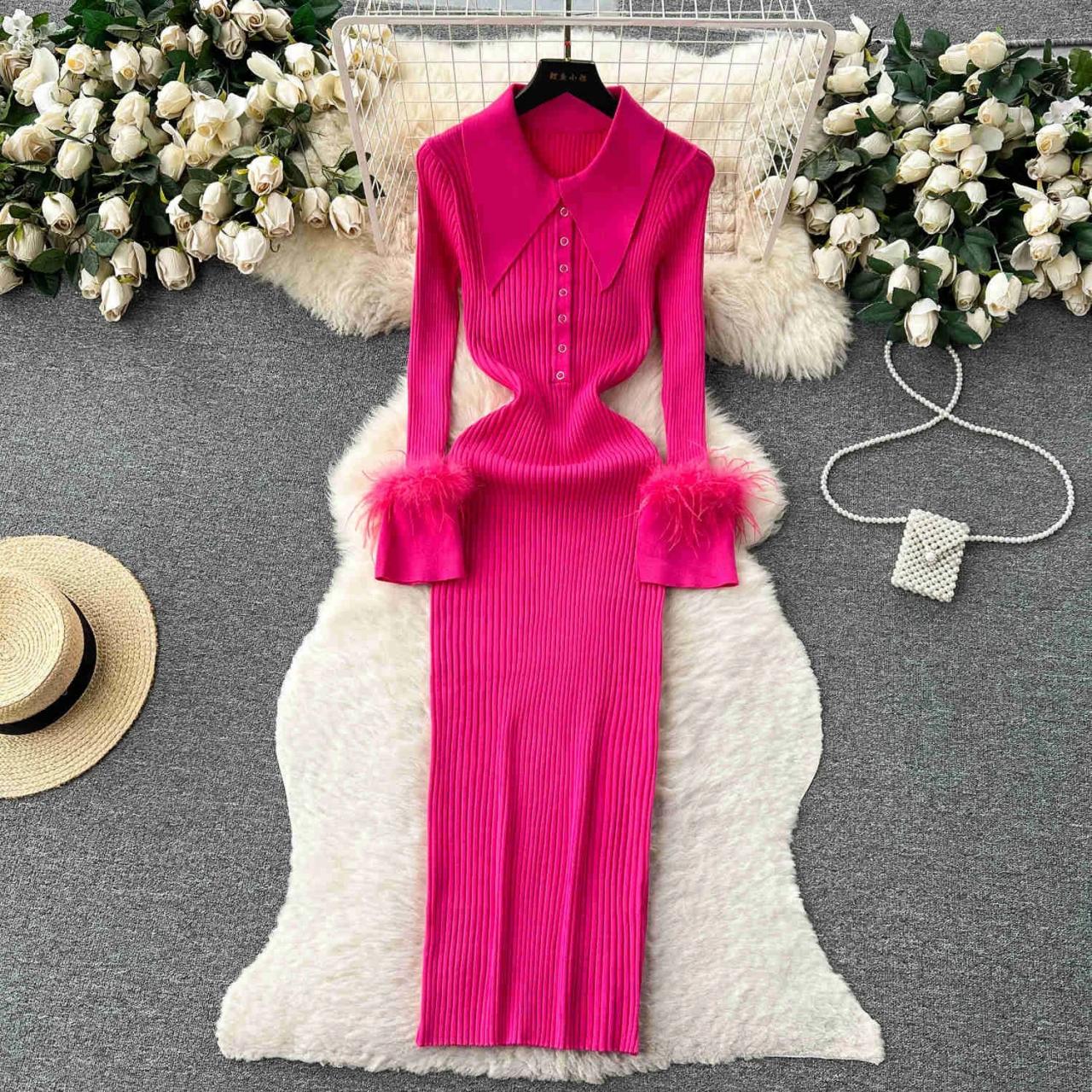 knee length dresses for ladies Loren Long Sleeve Elastic Ruched Light Pink Dress main image 1