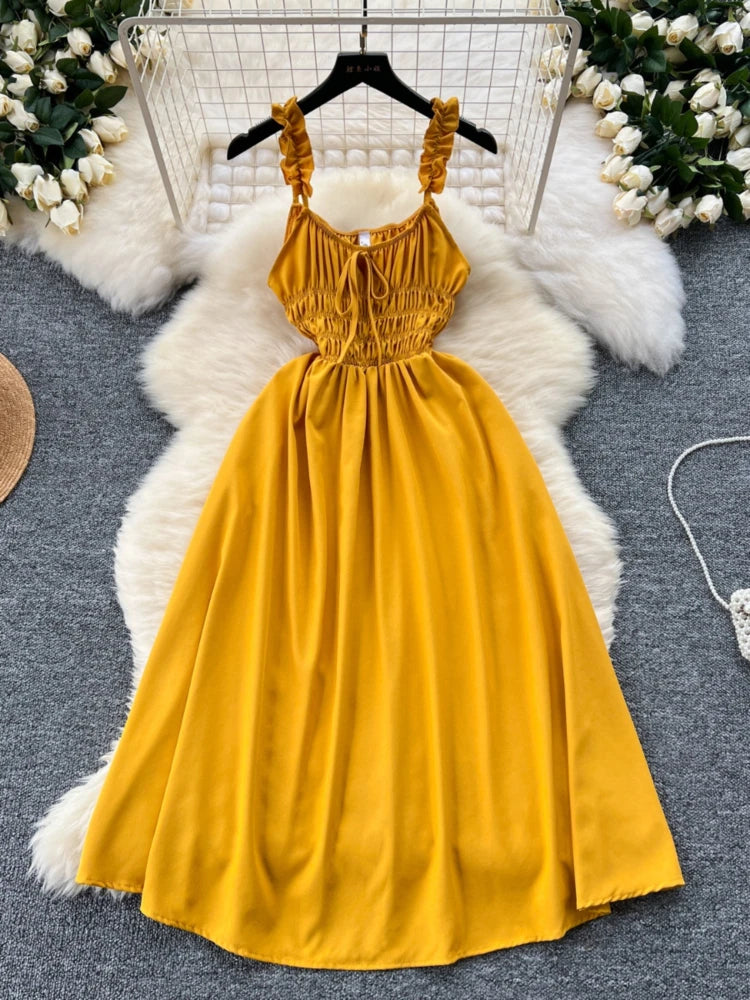 Casual Couture Elegant Mustard Yellow Summer Midi Dress