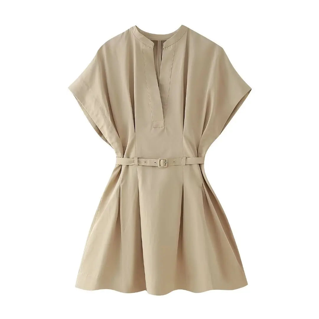 Elegant Beige Belted Short Sleeve Dress