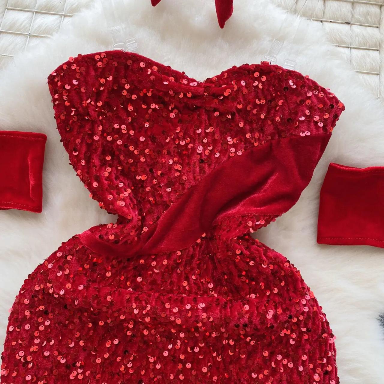 fitted lace wedding dress Red Puff Sleeves Sequined Long Party Dress with Side Slit