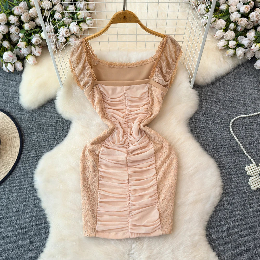 nude lace bodycon dress Women's PLT Label Light Nude Lace Bodice Mesh Draped Bodycon Dress
