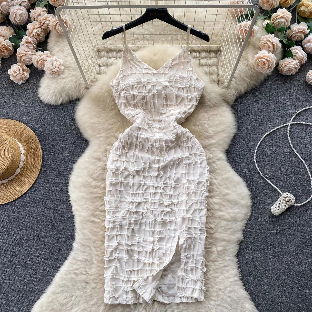 Elegant White Textured Sleeveless Midi Dress