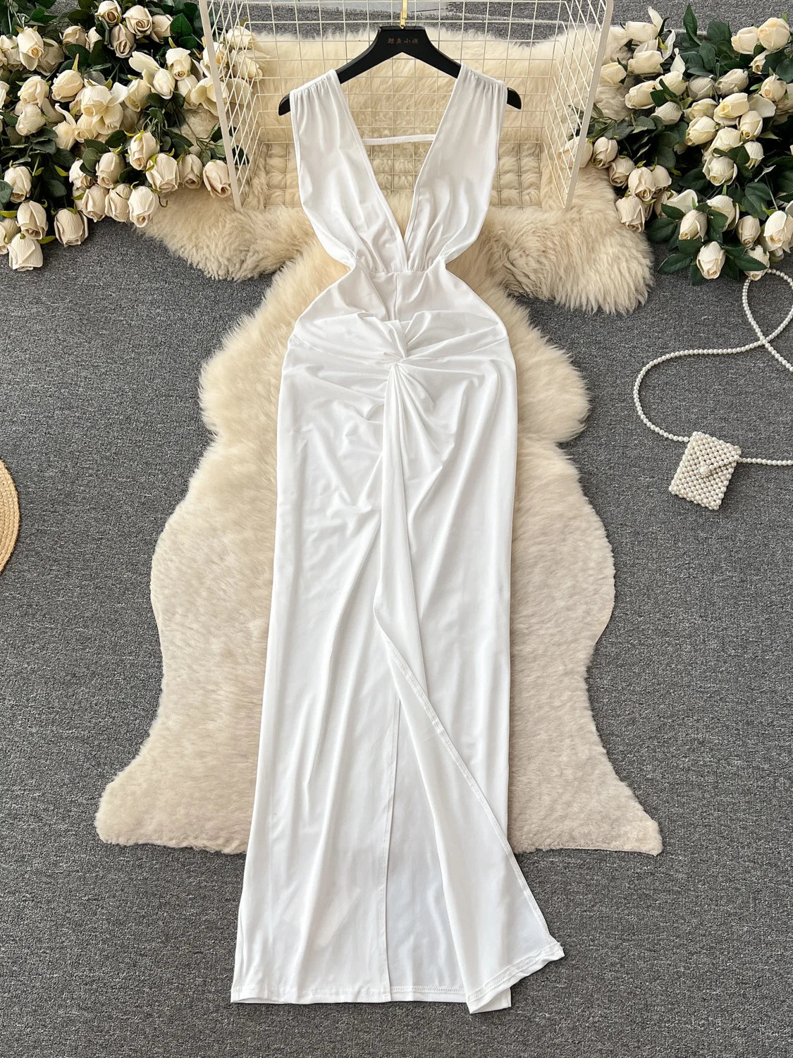 white satin plunge dress Elegant White Satin Plunge Evening Gown on Luulla